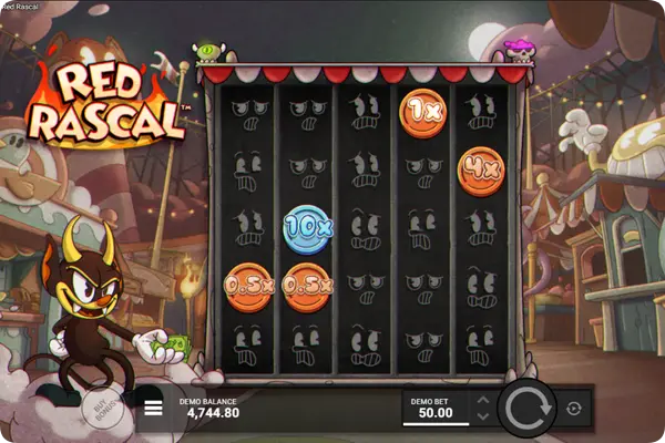 Tryb Coin Mode w grze Red Rascal z monetami o wartościach na planszy