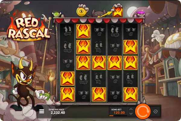 Tryb Wild Mode w grze Red Rascal z płonącymi symbolami Wild na planszy